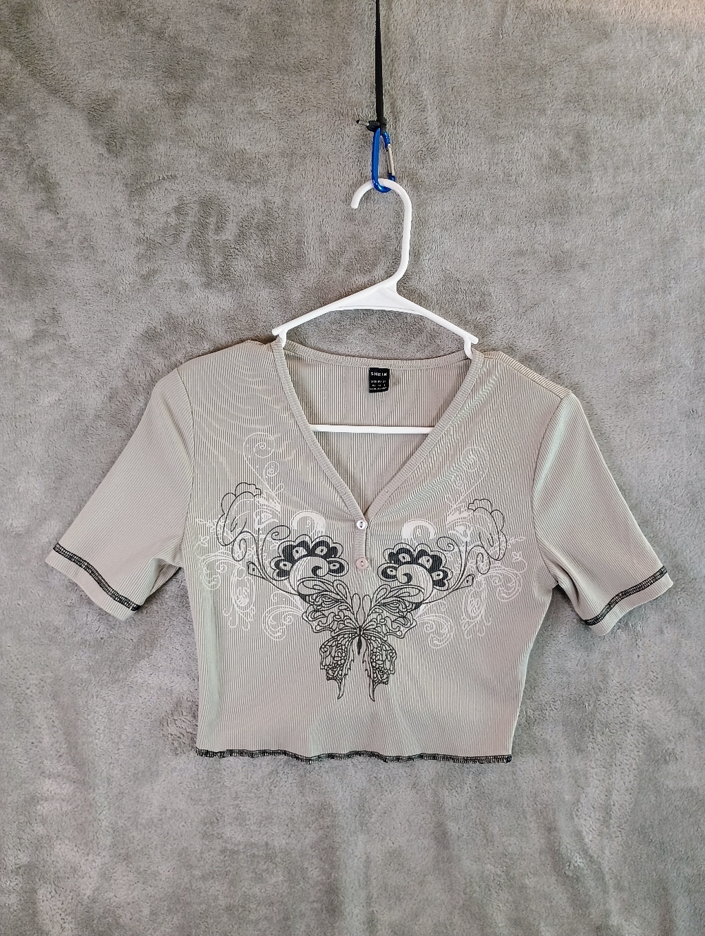 SHEIN Beige Blouse with Black Floral Printing XS